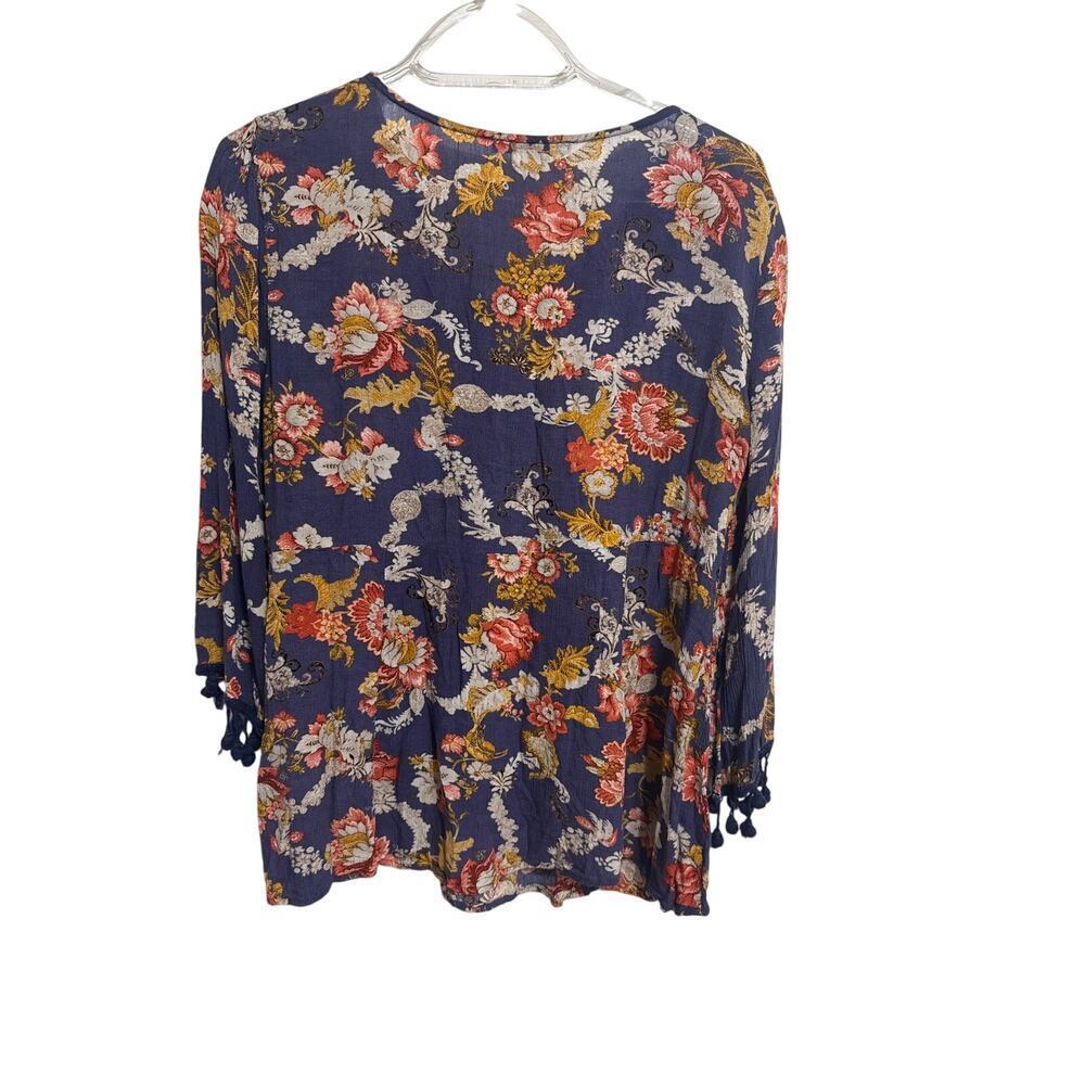 Miss Me Boho Floral Peasant Blouse Multi Tie Neck Tassel Sleeve Top Womens Med - Picture 6 of 11